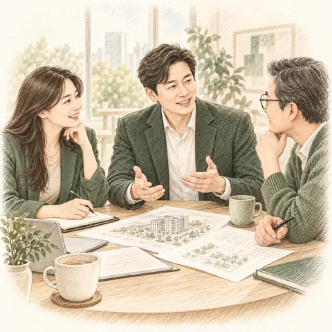 자료를 함께 살피며 현안을 논의하는 사람들