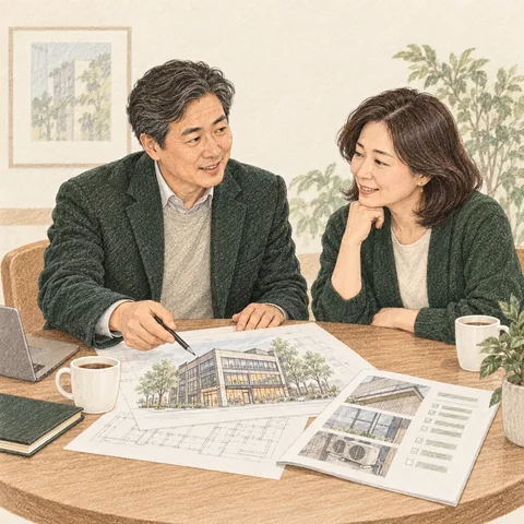 전문가와 임대인이 건물 관리 자료를 검토하는 스케치