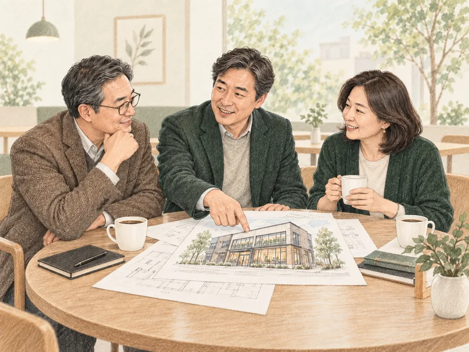 카페 테이블에서 건물 도면을 살피며 대화하는 세 임대인의 스케치